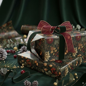 Masculine Wrapping Paper Christmas Gift Wrap Elegant Floral Design Earth Tones Paper Holiday Rustic Natural Greenery Xmas Gift for Him