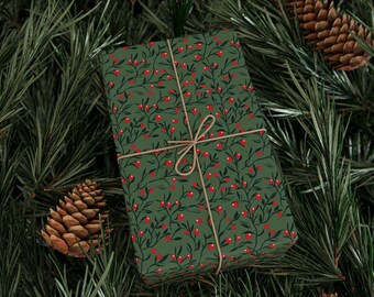 Red Berry Holiday Wrapping Paper, Elegant Floral Gift Wrap