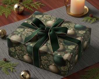 May include: A wrapped gift with a dark green velvet ribbon and bow. The wrapping paper has a pattern of green and gold Christmas ornaments and foliage. A lit candle in a gold holder and gold bells are also present.