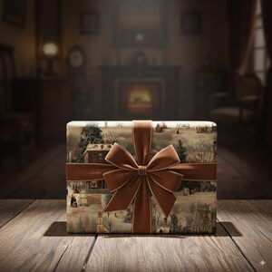 May include: A wrapped gift box with a brown ribbon and bow. The wrapping paper features a winter scene with houses, trees, and figures. The gift box is on a wooden surface.