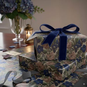Vintage Floral Wrapping Paper Gift Wrap Antique Style Elegant Blue Pink Botanical Design Classic Paper Birthday Wedding Glossy Paper Roll