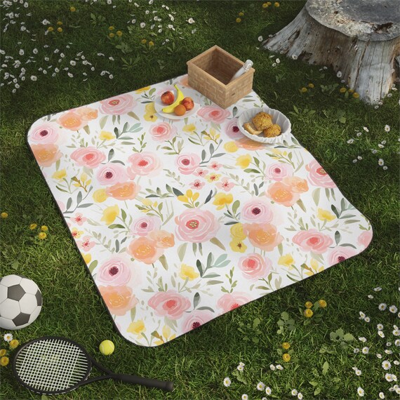 Cute Pastel Floral Picnic Blanket Unique Rose Petal Design Pink Yellow Green on White Cute Flower Waterproof Park Blanket Stadium Blanket Etsy Canada