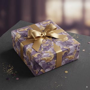 Gold and Purple Swirl Wrapping Paper: Elegant Gift Wrap, Shimmering Stars