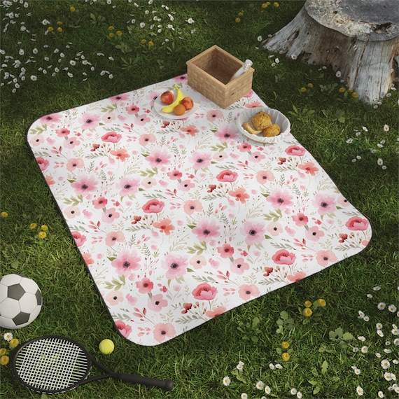 Pink Petals Water Resistant Picnic Blanket High quality Vivid Pink Design W Black Accents Portable Stylish for Outdoor Dining Etsy