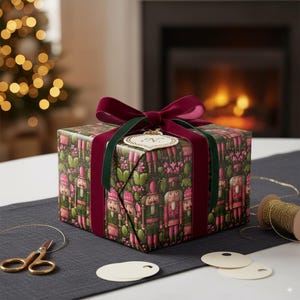 May include: A wrapped gift box featuring a festive nutcracker design on the wrapping paper. The box is adorned with a burgundy velvet ribbon and a green ribbon, and a gold tag. The gift is on a gray surface with scissors and a spool of gold thread.