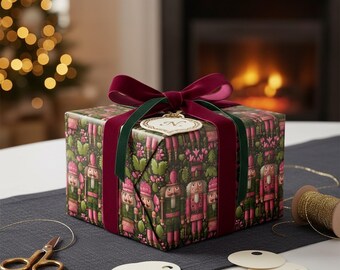 Nutcracker Holiday Wrapping Paper Festive Gift Wrap Pink Deep Green Traditional Nutcracker Design Christmas Paper Elegant Glossy Paper Roll
