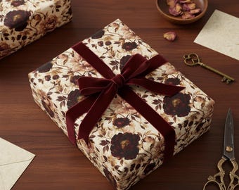 Floral Wrapping Paper: Burgundy Peonies, Gold Accents - Elegant Gift Wrap