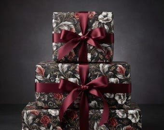 Papel de regalo floral negro y dorado: Papel de regalo botánico Art Nouveau