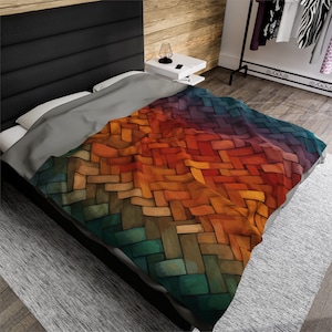 Colorful Velveteen Plush Blanket, Basket Weave Design in Vibrant Rainbow Hues, Eye-Catching Pattern for Cozy Comfort