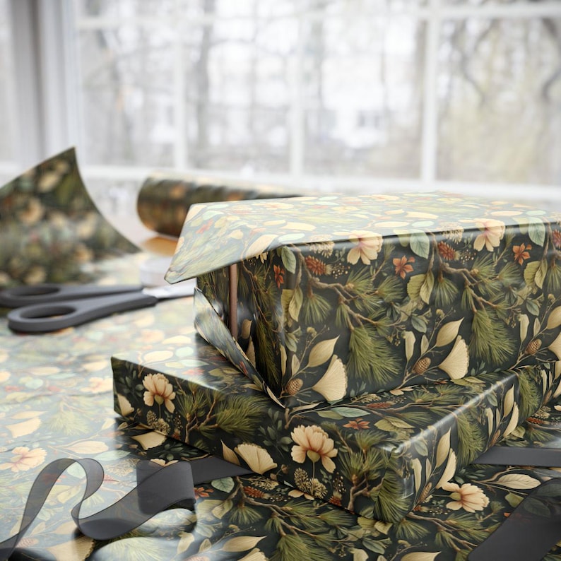 Botanical Wrapping Paper: Elegant Floral Gift Wrap, Green Earth Tones image 1