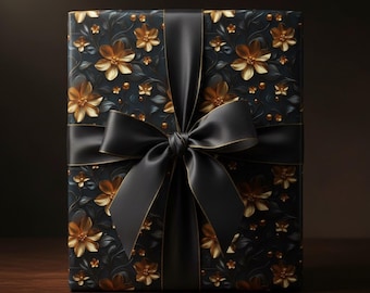 Golden Floral Wrapping Paper: Elegant Metallic Flower Design, Glossy Finish