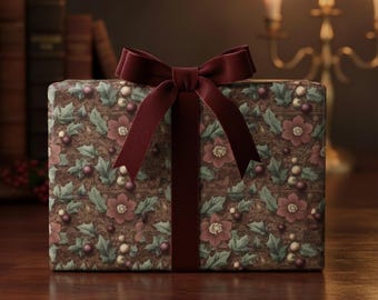 Papel de embrulho botânico para festas: Poinsétia e azevinho - Papel de embrulho brilhante para festas