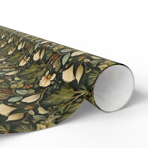 Botanical wrapping paper with elegant floral design in green earth tones, ideal for eco-friendly gift wrapping.