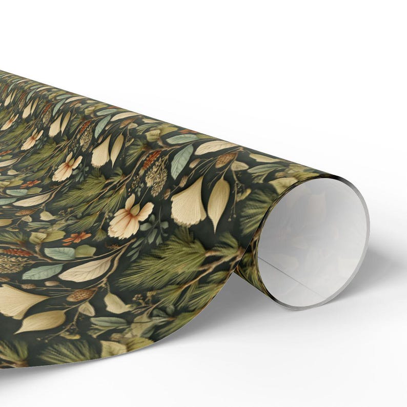 Botanical wrapping paper with elegant floral design in green earth tones, ideal for eco-friendly gift wrapping.