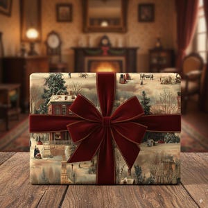 May include: A wrapped gift box with a burgundy velvet ribbon and bow. The wrapping paper features a winter scene with houses, trees, and figures. The gift box is on a wooden surface.