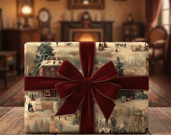 Victorian Winter Scene Wrapping Paper Christmas Gift Wrap Vintage Holiday Snowy Village Nostalgic Decorative Paper Elegant Seasonal Festive