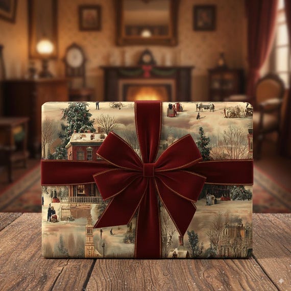 Victorian Winter Village Christmas Wrapping Paper: Nostalgic Snowy Scene