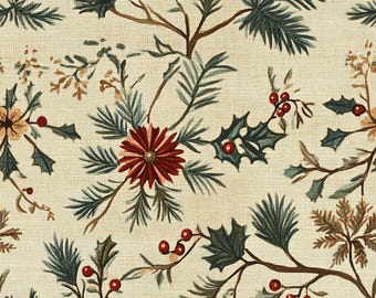 May include: A cream-colored fabric with a repeating pattern of botanical elements. The design features sprigs of green pine needles, holly leaves, red berries, and a central red flower. The overall aesthetic is reminiscent of a vintage Christmas theme.