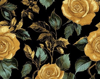 Golden Rose Wrapping Paper: Elegant Floral Gift Wrap, Black Botanical Paper