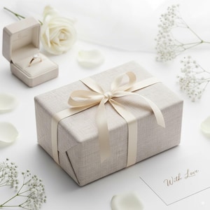 May include: A beige gift box tied with a cream-colored ribbon and bow, next to a ring box with a diamond ring. White rose, petals, and sprigs of baby's breath are scattered around the box. A card with the words "With Love" is also present.