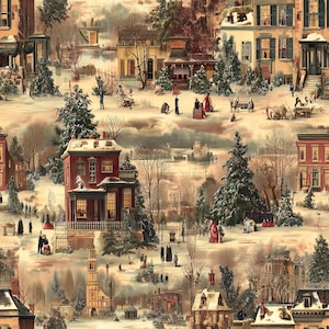 Victorian winter scene wrapping paper with snowy village in beige and red, ideal for festive and elegant Christmas gifts.