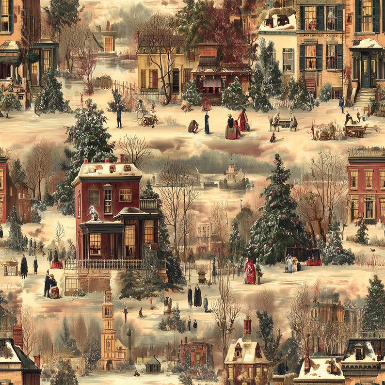 Victorian winter scene wrapping paper with snowy village in beige and red, ideal for festive and elegant Christmas gifts.