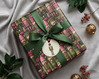 Nutcracker Holiday Wrapping Paper Festive Gift Wrap Christmas Pink Green Pattern Premium Paper Seasonal Present Wrapping Unique Gift Glossy