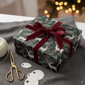 Winter Wald Hirsch Geschenkpapier Urlaub Geschenkverpackung Rustikale Weihnachtspapierrolle Gemütliches Naturpapier Schwarz und Rot Festliche Saisonale Rentier