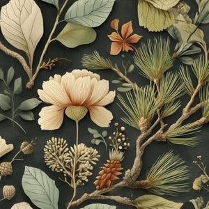 Botanical wrapping paper with elegant floral design in green earth tones, ideal for eco-friendly gift wrapping.
