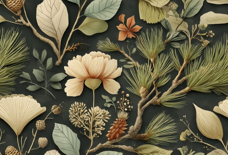 Botanical wrapping paper with elegant floral design in green earth tones, ideal for eco-friendly gift wrapping.