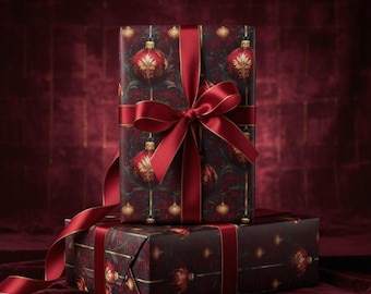 May include: Two wrapped gifts stacked on top of each other. The wrapping paper is dark red with a pattern of gold and red Christmas ornaments. A wide, red satin ribbon with gold edges is tied around the gifts.