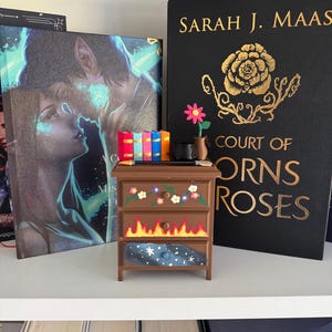 Könnte beinhalten: Eine kleine Kommode aus Holz mit drei Schubladen, die mit einem Blumendesign, Flammen und Sternen bemalt sind. Die Kommode steht auf einem Regal mit Büchern dahinter, darunter eines mit dem Titel "A Court of Thorns and Roses" von Sarah J. Maas.
