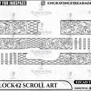 Puede incluir: Diseño de arte lineal en blanco y negro para una Glock 42, con arte de desplazamiento. El diseño incluye varios componentes de armas de fuego con patrones florales y geométricos detallados. El texto en la parte inferior dice "GLOCK42 SCROLL ART".