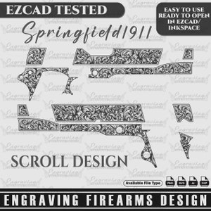 May include: Black and white scroll design for a Springfield 1911 pistol. The design is ready to be opened in EZCAD or Inkspace. Available file types include PNG, SVG, AI, and DXF.