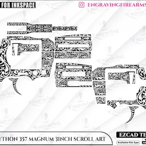 Può includere: Design artistico a scorrimento in bianco e nero per una pistola Colt Python 357 Magnum da 7,62 cm. Il design presenta intricati motivi floreali ed è etichettato "Friendly for Inkspace" e "EZCAD Tested". L'immagine include il testo "EngravingFirearmsDesign".