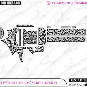 Op de afbeelding: Zwart-wit scrollontwerp voor een Colt Python .357 4,25" vuurwapen. Het ontwerp bestaat uit diverse sierlijke bloemen- en bladerpatronen, geschikt voor graveren. De afbeelding bevat de tekst "COLT PYTHON .357 4.25" SCROLL DESIGN".