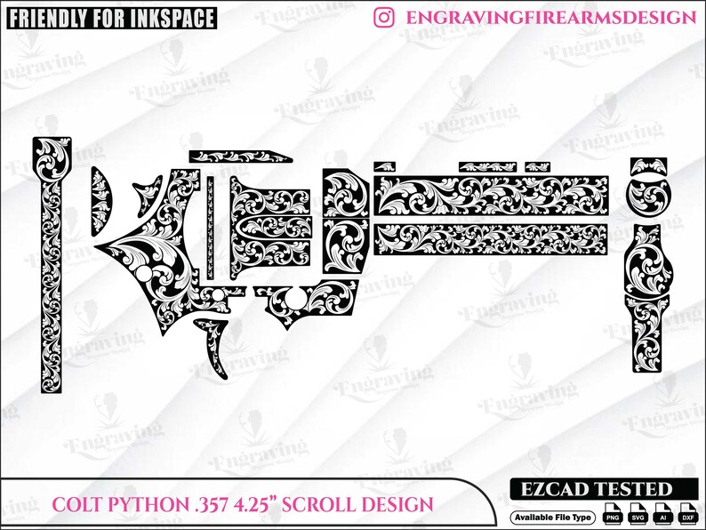Op de afbeelding: Zwart-wit scrollontwerp voor een Colt Python .357 4,25" vuurwapen. Het ontwerp bestaat uit diverse sierlijke bloemen- en bladerpatronen, geschikt voor graveren. De afbeelding bevat de tekst "COLT PYTHON .357 4.25" SCROLL DESIGN".