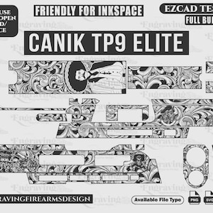Puede incluir: Un diseño digital en blanco y negro para una pistola Canik TP9 Elite. El diseño presenta un patrón floral con un hombre con un sombrero. El texto "CANIK TP9 ELITE" está en la parte superior de la imagen. El texto "EASY TO USE READY TO OPEN IN EZCAD/INKSPACE" está en la parte superior izquierda de la imagen. El texto "FRIENDLY FOR INKSPACE" está en la parte superior derecha de la imagen. El texto "EZCAD TESTED FULL BUILD VECTOR" está en la parte superior derecha de la imagen. El texto "ENGRAVINGFIREARMSDESIGN" está en la parte inferior izquierda de la imagen. El texto "Available File Type PNG SVG AI DXF" está en la parte inferior derecha de la imagen.