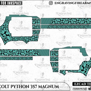 May include: A detailed design for a Colt Python 357 Magnum, featuring intricate teal and black floral patterns. The design includes the text "FRIENDLY FOR INKSPACE" and "COLT PYTHON 357 MAGNUM".