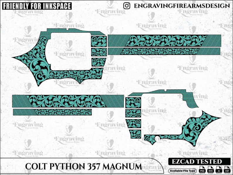 May include: A detailed design for a Colt Python 357 Magnum, featuring intricate teal and black floral patterns. The design includes the text "FRIENDLY FOR INKSPACE" and "COLT PYTHON 357 MAGNUM".