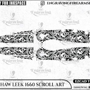 Op de afbeelding: Zwart-wit scroll art ontwerp voor een Kershaw Leek 1660 mes. Het ontwerp heeft ingewikkelde bloempatronen en de tekst "Kershaw Leek 1660 Scroll Art". De afbeelding bevat ook de tekst "Friendly for Inkspace" en "Engraving Firearms Design".
