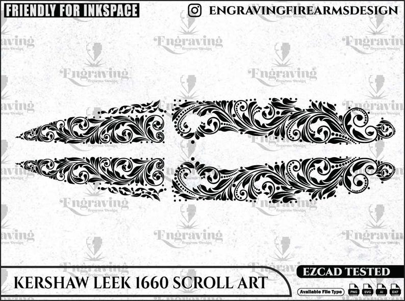 Op de afbeelding: Zwart-wit scroll art ontwerp voor een Kershaw Leek 1660 mes. Het ontwerp heeft ingewikkelde bloempatronen en de tekst "Kershaw Leek 1660 Scroll Art". De afbeelding bevat ook de tekst "Friendly for Inkspace" en "Engraving Firearms Design".