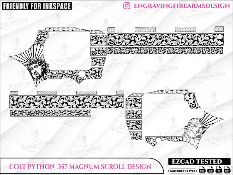May include: A black and white scroll design for a Colt Python .357 Magnum, featuring religious and floral patterns. The image includes the text "FRIENDLY FOR INKSPACE" and "EZCAD TESTED". This design is intended for engraving.