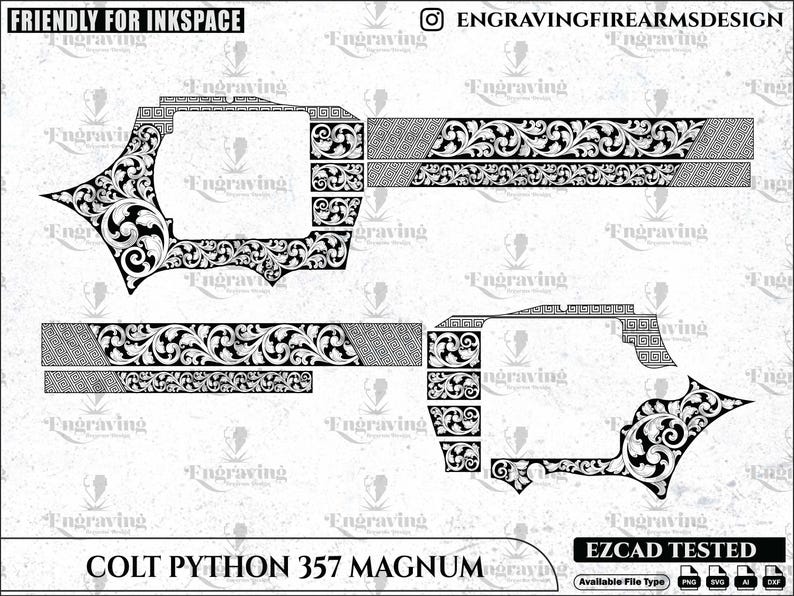 May include: A black and white vector design for a Colt Python 357 Magnum, featuring detailed floral and geometric patterns. Text includes "FRIENDLY FOR INKSPACE", "ENGRAVINGFIREARMSDESIGN", "COLT PYTHON 357 MAGNUM", and "EZCAD TESTED".