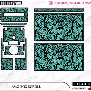 Könnte beinhalten: Ein schwarzes und türkisblaues Scroll-Design, wahrscheinlich zum Gravieren, wird gezeigt. Das Design umfasst mehrere Komponenten, mit dem Text "AMO BOX SCROLL" unten. Das Bild enthält auch den Text "FRIENDLY FOR INKSPACE" und "ENGRAVINGFIREARMSDESIGN".
