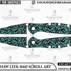 Op de afbeelding: Een digitaal ontwerp voor een Kershaw Leek 1660 mes, met een zwart en teal scroll art patroon. Het ontwerp wordt in afzonderlijke delen weergegeven, klaar om te graveren. Tekst bevat "KERSHAW LEEK 1660 SCROLL ART".