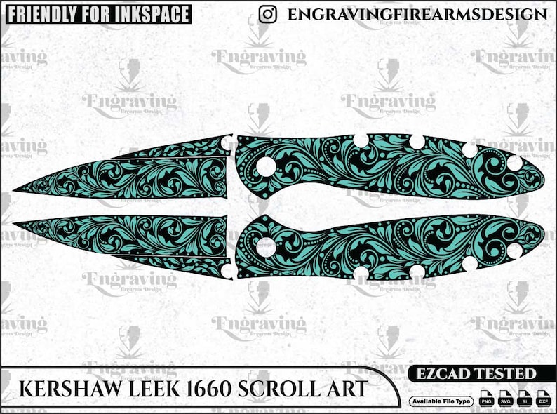 Op de afbeelding: Een digitaal ontwerp voor een Kershaw Leek 1660 mes, met een zwart en teal scroll art patroon. Het ontwerp wordt in afzonderlijke delen weergegeven, klaar om te graveren. Tekst bevat "KERSHAW LEEK 1660 SCROLL ART".