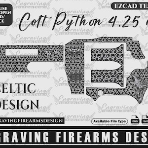 Op de afbeelding: Een digitale download van een Keltisch ontwerp voor een Colt Python 4,25 inch pistool. Het ontwerp is in zwart en wit en heeft een Keltisch knoopmotief. Het ontwerp is klaar om te worden geopend in EZCAD of Inkspace.