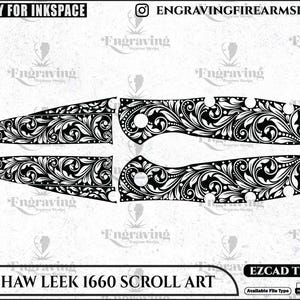 May include: Black and white scroll art design for a Kershaw Leek 1660 knife. The design features intricate floral patterns. The text "KERSHAW LEEK 1660 SCROLL ART" is displayed at the bottom. The image also includes the text "FRIENDLY FOR INKSPACE" and "ENGRAVINGFIREARMSDESIGN".