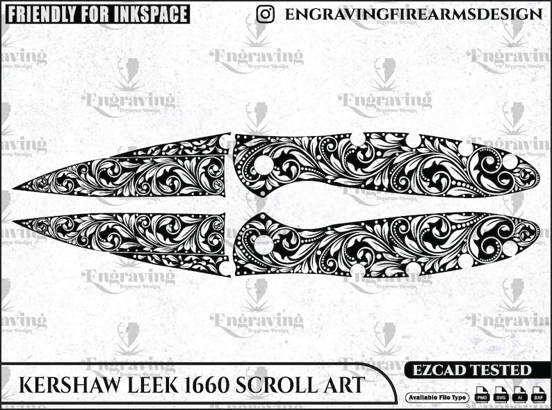 Op de afbeelding: Zwart-wit scroll art ontwerp voor een Kershaw Leek 1660 mes. Het ontwerp heeft ingewikkelde bloempatronen. De tekst "KERSHAW LEEK 1660 SCROLL ART" staat onderaan. De afbeelding bevat ook de tekst "FRIENDLY FOR INKSPACE" en "ENGRAVINGFIREARMSDESIGN".